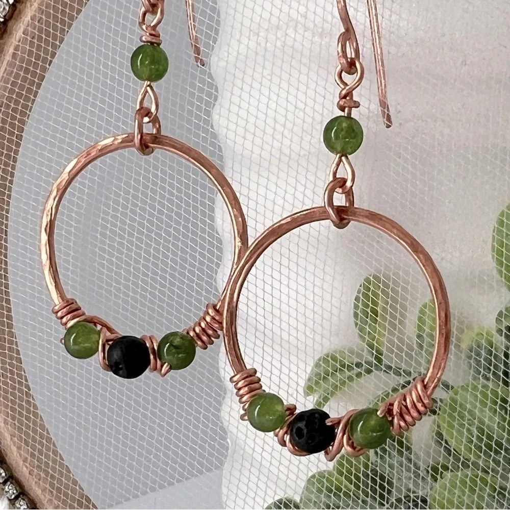 Wire Wrap Copper Earrings with Green Jade & Black Lava Stone